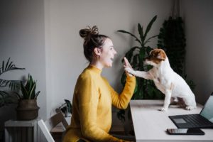 lady high-fiving dog